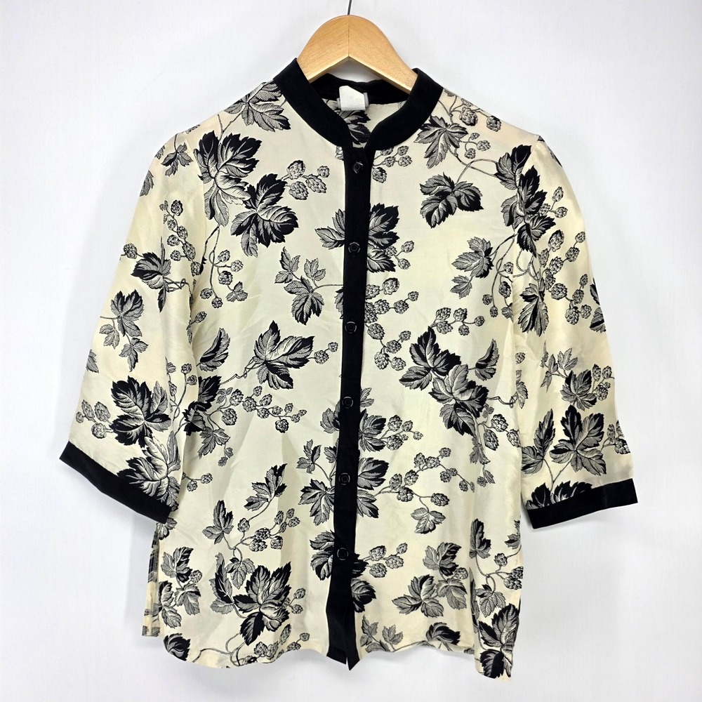 Oyako Button Up Blouse Womens XS Cream Black Silk Leaf Print Mandarin Collar Top